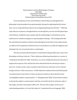 Psychoanalysis and the Methodology of Critique Amy Allen Department of Philosophy Penn State University Forthcoming in Constellations, June 2016