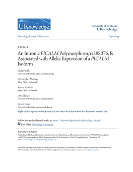 An Intronic <Em>PICALM</Em> Polymorphism, Rs588076, Is Associated with Allelic Expression of a <Em>PICALM<