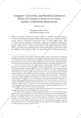 Conquest, Conversion, and Heathen Customs in Henry of Livonia's