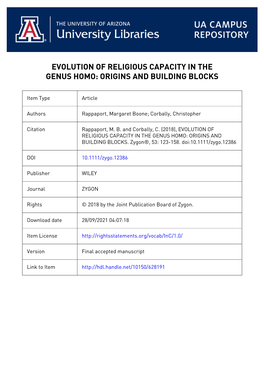 Evolution of Religious Capacity in the Genus Homo: Origins and Building Blocks