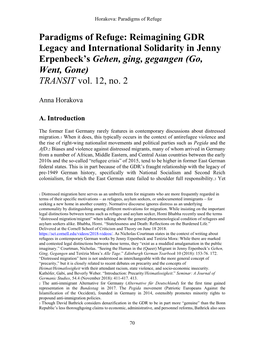 Paradigms of Refuge: Reimagining GDR Legacy and International Solidarity in Jenny Erpenbeck’S Gehen, Ging, Gegangen (Go, Went, Gone) TRANSIT Vol
