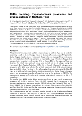 Cattle Breeding, Trypanosomosis Prevalence and Drug Resistance in Northern Togo (2017)