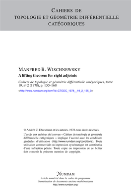 A Lifting Theorem for Right Adjoints Cahiers De Topologie Et Géométrie Différentielle Catégoriques, Tome 19, No 2 (1978), P