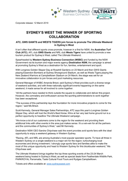Sydney's West the Winner of Sporting Collaboration