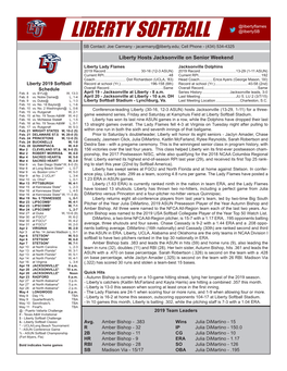 Liberty Softball Game Notes @Libertyflames @Libertysb LIBERTY SOFTBALL SB Contact: Joe Carmany - Jacarmany@Liberty.Edu; Cell Phone - (434) 534-4325