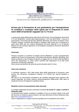 Unione Comuni Modenesi Area Nord AREA SERVIZI ALLA PERSONA ISTRUZIONE E DIRITTO ALLO STUDIO Accesso Ai Servizi, Integrazione, Qualificazione E Orientamento