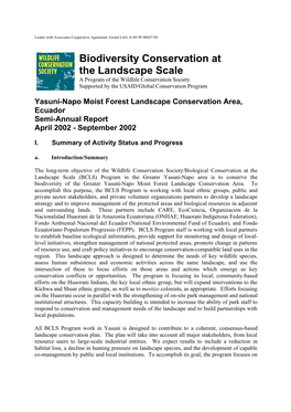 Biodiversity Conservation at the Landscape Scale a Program of the Wildlife Conservation Society Supported by the USAID/Global Conservation Program