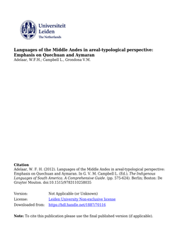 Languages of the Middle Andes in Areal-Typological Perspective: Emphasis on Quechuan and Aymaran Adelaar, W.F.H.; Campbell L., Grondona V.M