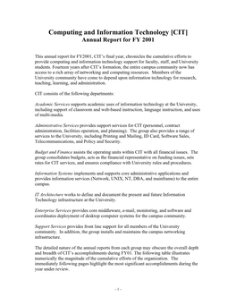 Computing and Information Technology [CIT] Annual Report for FY 2001