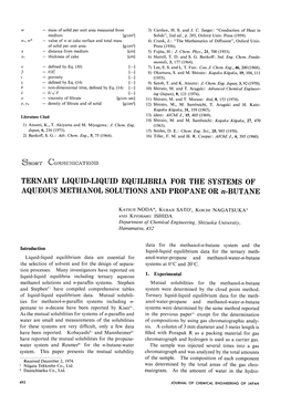 TERNARY LIQUID-LIQUID EQUILIBRIA for the SYSTEMS of AQUEOUS METHANOL SOLUTIONS and PROPANE OR N-BUTANE