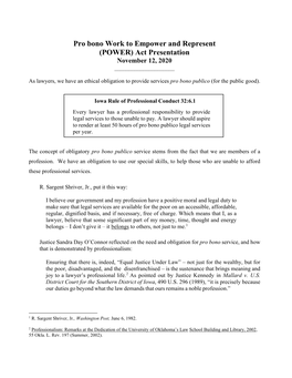 Pro Bono Work to Empower and Represent (POWER) Act Presentation November 12, 2020 ______