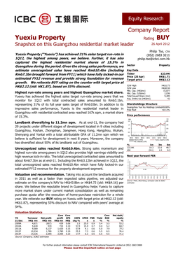 Yuexiu Property Rating BUY Snapshot on This Guangzhou Residential Market Leader 26 April 2012