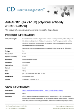 Anti-AP1S1 (Aa 21-133) Polyclonal Antibody (DPABH-23556) This Product Is for Research Use Only and Is Not Intended for Diagnostic Use