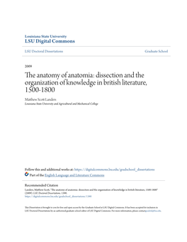 The Anatomy of Anatomia: Dissection and the Organization of Knowledge in British Literature, 1500-1800