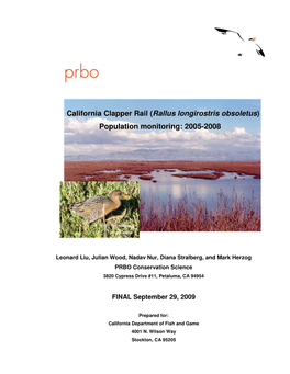 California Clapper Rail (Rallus Longirostris Obsoletus) Population Monitoring: 2005-2008