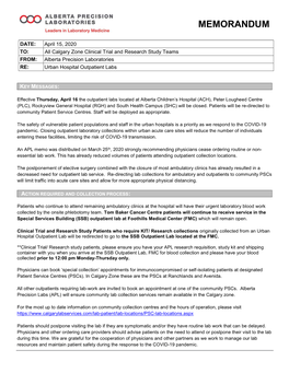 APL Memo- Calgary Zone Outpatient Lab Closures in Acute Sites