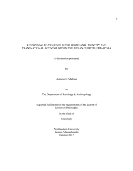 Responding to Violence in the Homeland: Identity and Transnational Activism Within the Indian Christian Diaspora