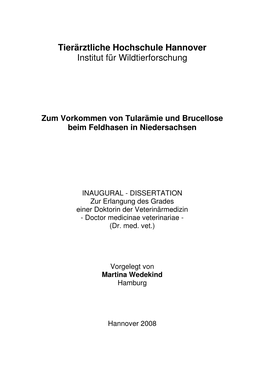 Zum Vorkommen Von Tularämie Und Brucellose Beim Feldhasen in Niedersachsen