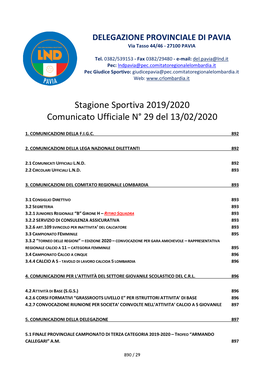 Stagione Sportiva 2019/2020 Comunicato Ufficiale N° 29 Del 13/02/2020