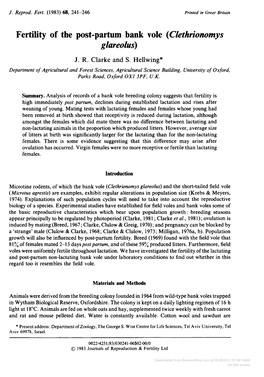 Fertility of the Post-Partum Bank Vole (Clethrionomys Glareolus) J