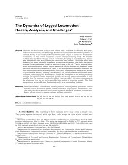 The Dynamics of Legged Locomotion: Models, Analyses, and Challenges∗