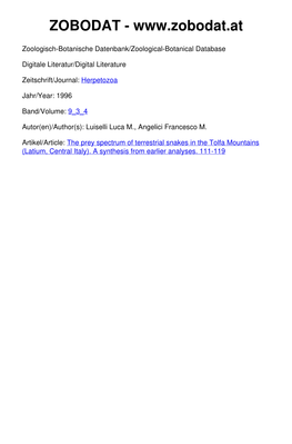 The Prey Spectrum of Terrestrial Snakes in the Tolfa Mountains (Latium, Central Italy)