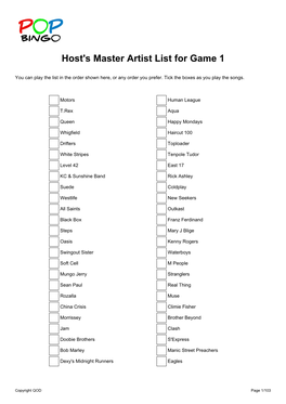 Host's Master Artist List for Game 1