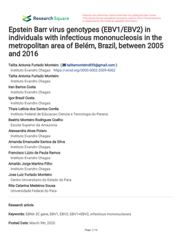 Epstein Barr Virus Genotypes (EBV1/EBV2) in Individuals with Infectious Mononucleosis in the Metropolitan Area of Belém, Brazil, Between 2005 and 2016