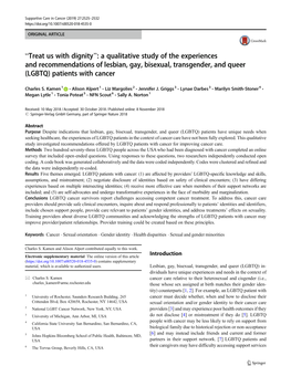 A Qualitative Study of the Experiences and Recommendations of Lesbian, Gay, Bisexual, Transgender, and Queer (LGBTQ) Patients with Cancer