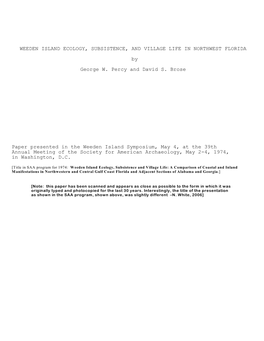 WEEDEN ISLAND ECOLOGY, SUBSISTENCE, and VILLAGE LIFE in NORTHWEST FLORIDA by George W