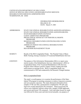 United States Department of Education Office of Special Education and Rehabilitative Services Rehabilitation Services Administration Washington, Dc 20202