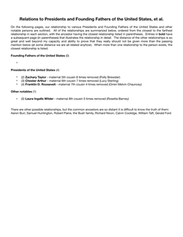 Relations to Presidents and Founding Fathers of the United States, Et Al