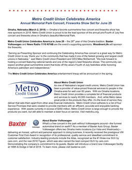 Metro Credit Union Celebrates America Annual Memorial Park Concert, Fireworks Show Set for June 29