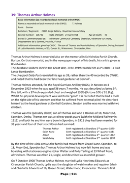 Thomas Arthur Holmes Basic Information [As Recorded on Local Memorial Or by CWGC] Name As Recorded on Local Memorial Or by CWGC: T