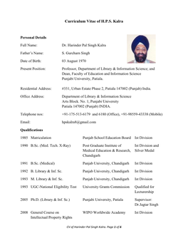 Curriculum Vitae of H.P.S. Kalra