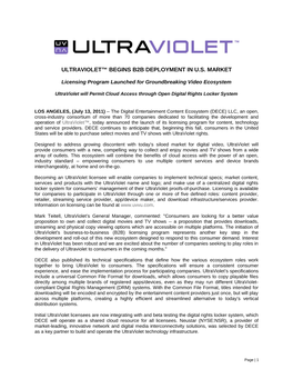 Ultraviolet™ Begins B2b Deployment in U.S. Market