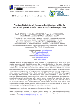 New Insights Into the Phylogeny and Relationships Within the Worldwide Genus Riccardia (Aneuraceae, Marchantiophytina)