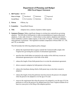 Department of Planning and Budget 2006 Fiscal Impact Statement