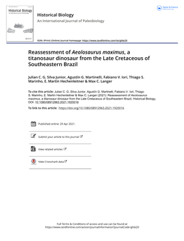 Reassessment of Aeolosaurus Maximus, a Titanosaur Dinosaur from the Late Cretaceous of Southeastern Brazil