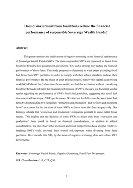 Does Disinvestment from Fossil Fuels Reduce the Financial Performance of Responsible Sovereign Wealth Funds?