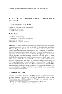 A DUAL-BAND OMNI-DIRECTIONAL MICROSTRIP ANTENNA O. Tze-Meng and T. K. Geok Faculty of Engineering & Technology Multimedia Un