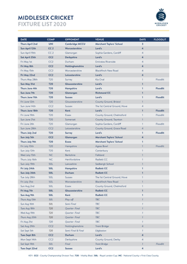 Middlesex Cricket Fixture List 2020