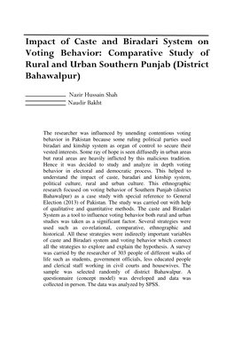 Impact of Caste and Biradari System on Voting Behavior: Comparative Study of Rural and Urban Southern Punjab (District Bahawalpur)