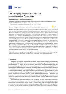 The Emerging Roles of Mtorc1 in Macromanaging Autophagy