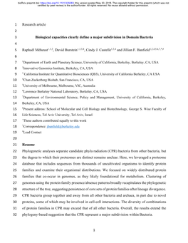 Biological Capacities Clearly Define a Major Subdivision in Domain Bacteria 4 5 Raphaël Méheust+,1,2, David Burstein+,1,3,8, Cindy J
