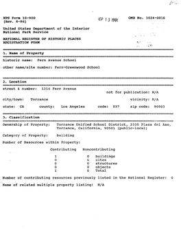 I J 1991 United States Department of the Interior National Park Service NATIONAL REGISTER of HISTORIC PLACES REGISTRATION FORM K; H