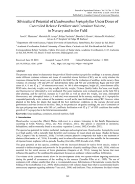 Silvicultural Potential of Handroanthus Heptaphyllus Under Doses of Controlled Release Fertilizer and Container Volume, in Nursery and in the Field