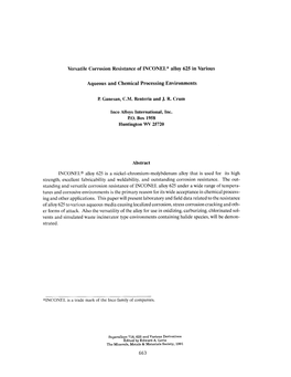 Versatile Corrosion Resistance of INCONEL Alloy 625 in Various Aqueous and Chemical Processing Environments