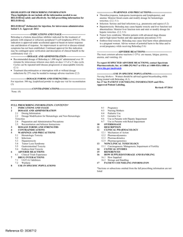 BELEODAQ (Belinostat) for Injection, for Intravenous Administration • Hepatotoxicity: Beleodaq May Cause Hepatic Toxicity and Liver Function Test Initial U.S