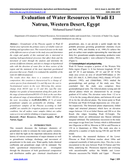 Evaluation of Water Resources in Wadi El Natrun, Western Desert, Egypt Mohamed Kamel Fattah